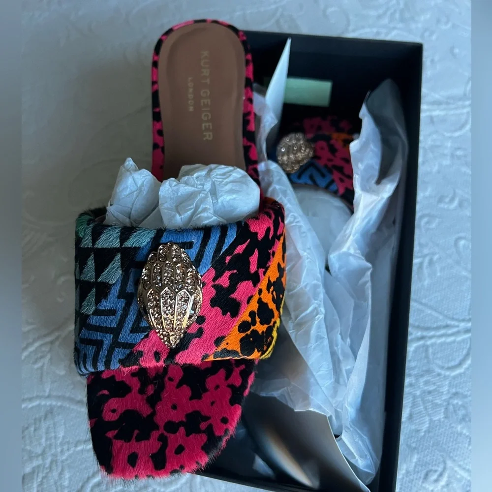 Kurt Geiger London Pony Fur Statement Mules Multicolor Eagle Women’s Size 10